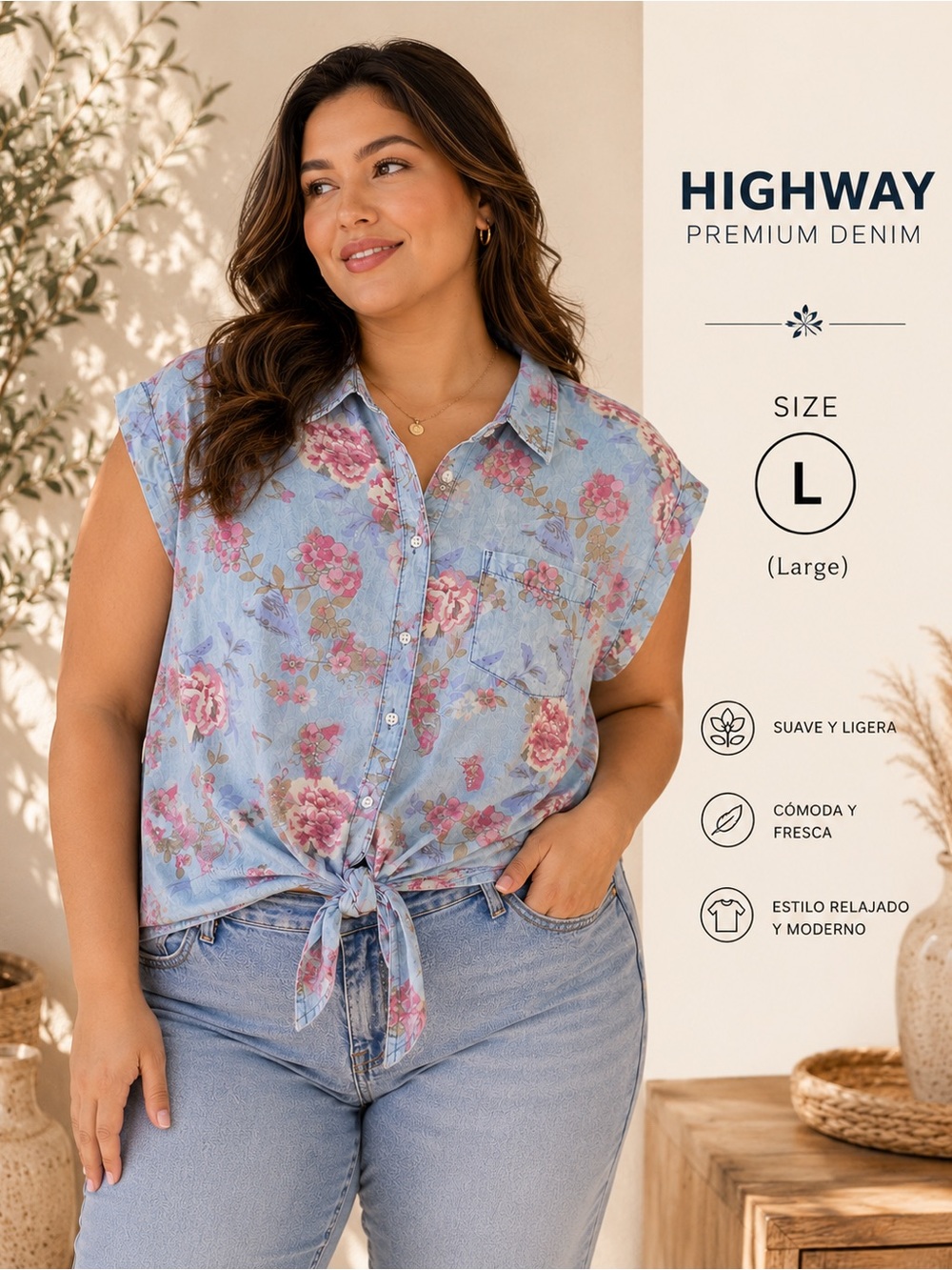 Highway Jeans Floral Tie-Front Button Down Top - Light Blue with Pink